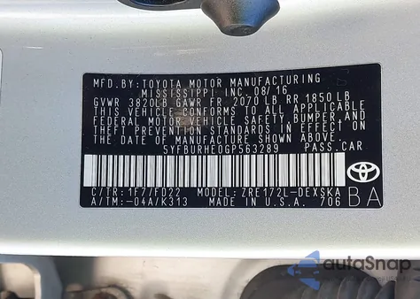 2016 Toyota Corolla S Plus from USA, damaged, VIN 5YFBURHE0GP563289